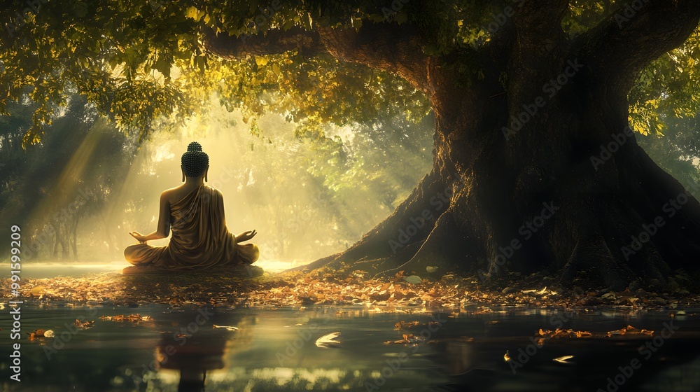 5. A serene Buddhist deity meditating beneath a bodhi tree 5. A serene Buddhist deity meditating beneath a bodhi tree