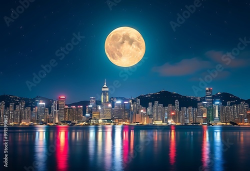 Under the bright full moonlight, Victoria Harbour shone brightly on a clear, calm night (1)