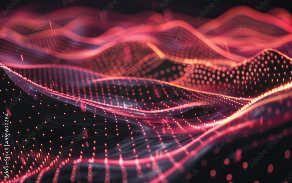 Abstract glowing red digital waves with a dark background. Futuristic technology and data visualization concept. Abstract glowing red digital waves with a dark background. Futuristic technology and data visualization concept.