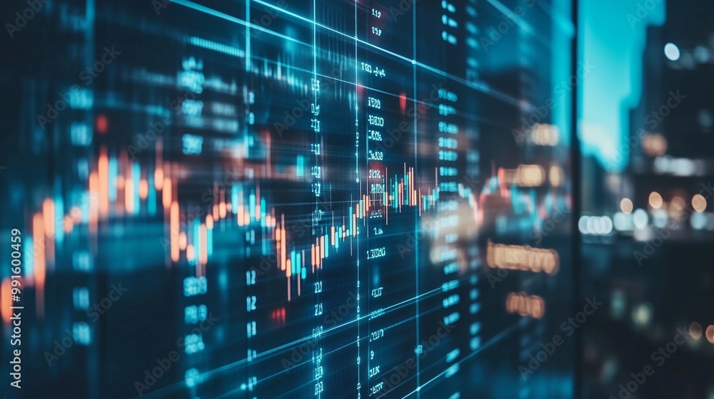 Dynamic stock market graph illustrating trading activities at night, showcasing fluctuations on a digital display in a bustling city Dynamic stock market graph illustrating trading activities at night, showcasing fluctuations on a digital display in a bustling city