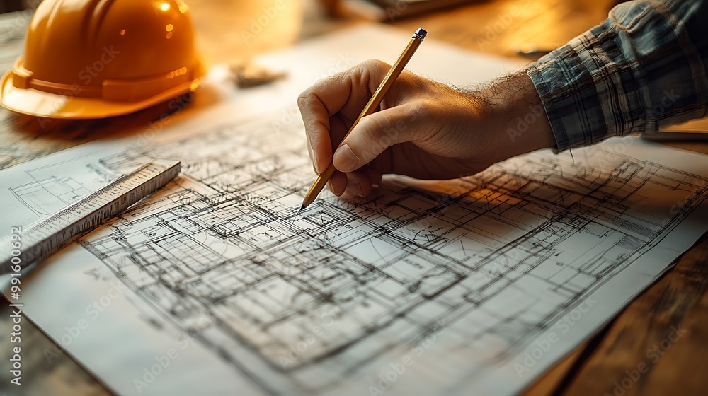 A hand sketching on a large architectural blueprint, with pencils, rulers, and a hard hat nearby. Soft lighting creates a professional, focused atmosphere around the intricate details of the design. A hand sketching on a large architectural blueprint, with pencils, rulers, and a hard hat nearby. Soft lighting creates a professional, focused atmosphere around the intricate details of the design.