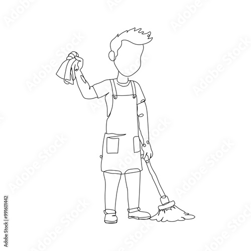 Dessin en ligne continue d'un homme passant la serpillère, line art, vecteur
