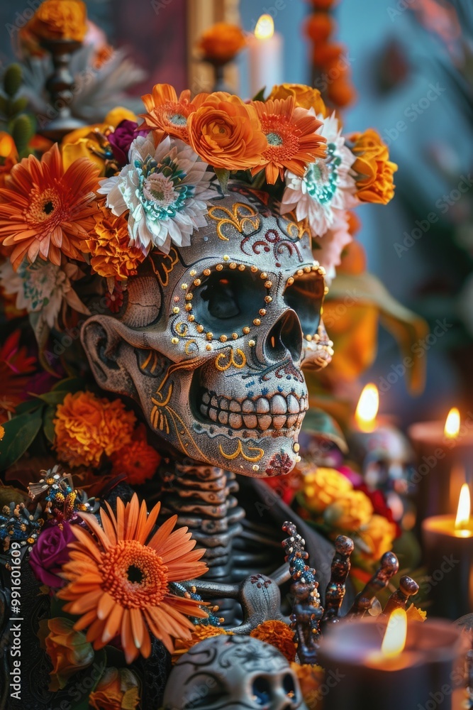 Fototapeta premium A skeleton sits surrounded by flowers and candles, creating a unique and eerie atmosphere