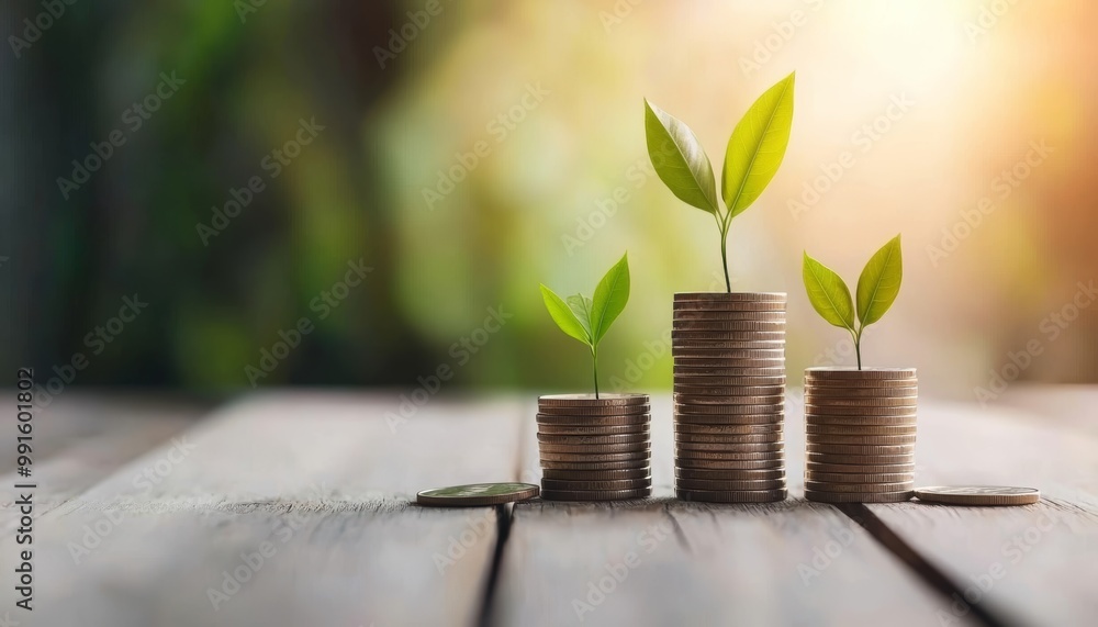 The power of compound interest visualized through plants growing on increasing stacks of coins, representing long-term financial growth. The power of compound interest visualized through plants growing on increasing stacks of coins, representing long-term financial growth.