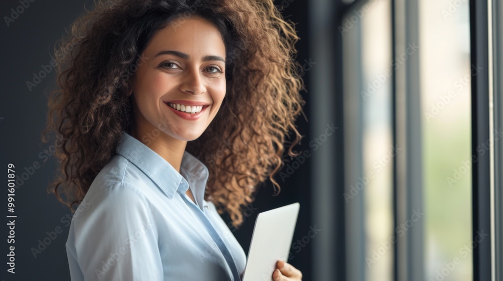 An attractive woman smiles while standing in the office, holding her laptop in one hand. An attractive woman smiles while standing in the office, holding her laptop in one hand.