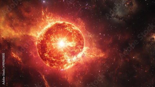 Red supergiant star nearing the end of its life, glowing brightly as it expands outward into space