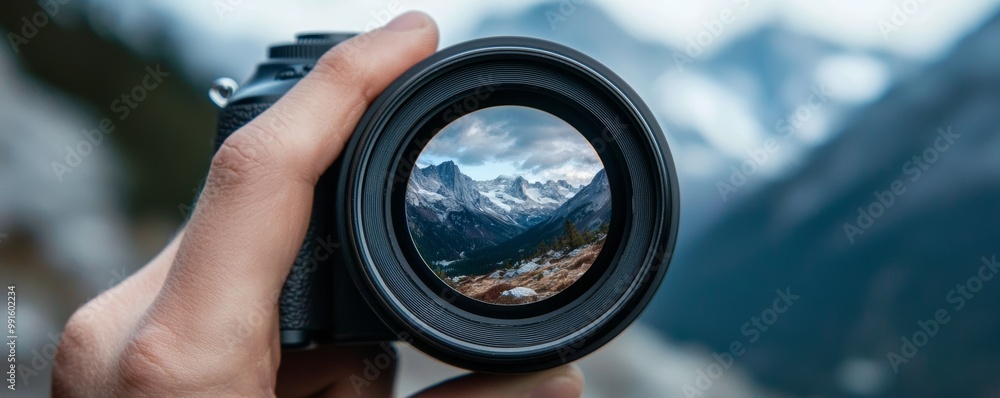 The reflection of a stunning mountain range seen in the lens of a photographer's camera, hinting at the shot they're about to take. The reflection of a stunning mountain range seen in the lens of a photographer's camera, hinting at the shot they're about to take.