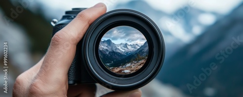 The reflection of a stunning mountain range seen in the lens of a photographer's camera, hinting at the shot they're about to take.