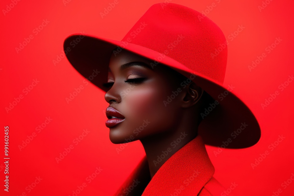 Minimalist profile portrait of an elegant woman in bold red hat and coat, set against a vivid red background, showcasing sophistication and style. Minimalist profile portrait of an elegant woman in bold red hat and coat, set against a vivid red background, showcasing sophistication and style.