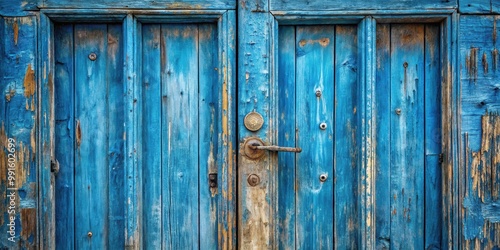 Detailed closeup shot of weathered blue wooden door texture background for design projects