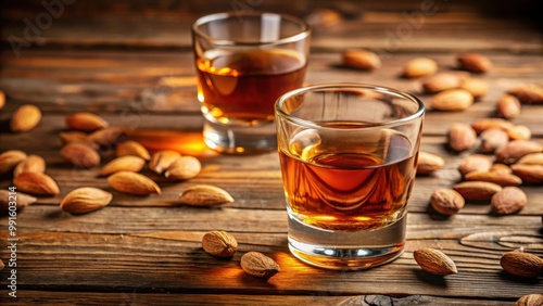 Delicious Italian almond amaretto liquor on rustic wooden table with copy space