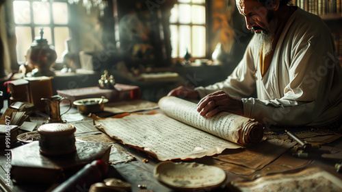 A medical consultation where doctors use enchanted scrolls that write themselves based on the patient's spoken words, creating a living medical record photo