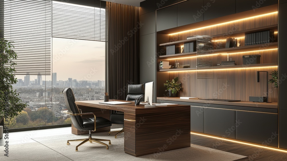 Modern home office with large walnut desk and sleek shelving in a contemporary city view space Modern home office with large walnut desk and sleek shelving in a contemporary city view space