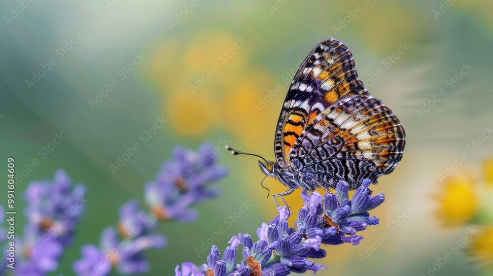 Radiant Butterfly Perched on Lavender Sprig - Close-up Macro Shot with Detailed Wings