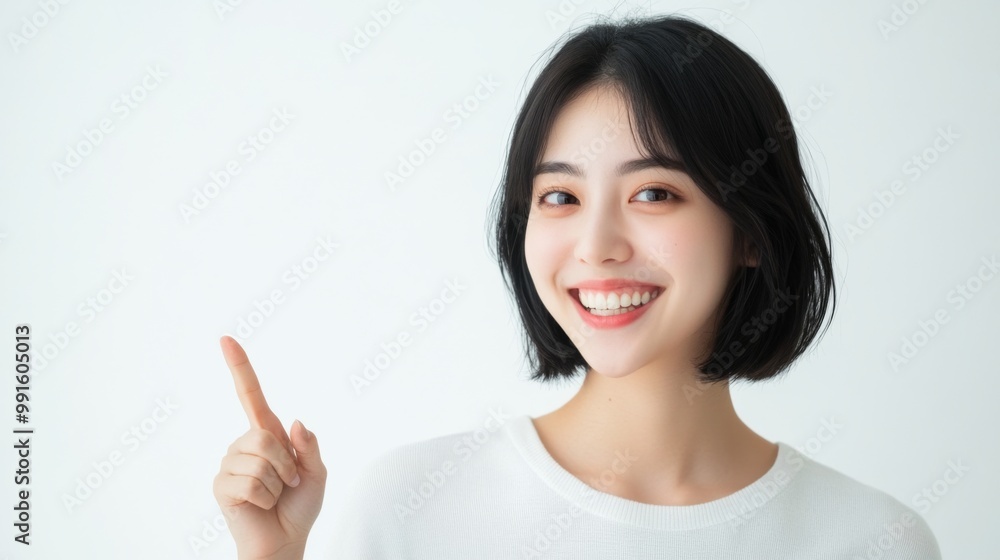 A smiling Asian woman points to the side against a clean white background, showcasing her natural beauty and genuine expression. A smiling Asian woman points to the side against a clean white background, showcasing her natural beauty and genuine expression.