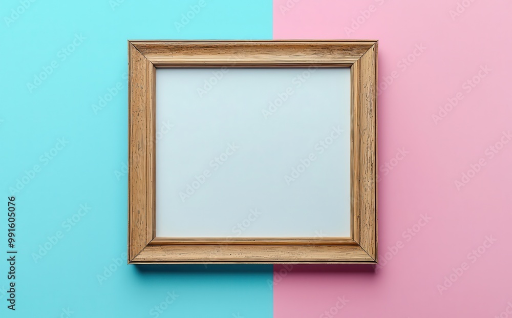 Wooden frame on a vibrant pastel background with split turquoise and pink colors Wooden frame on a vibrant pastel background with split turquoise and pink colors