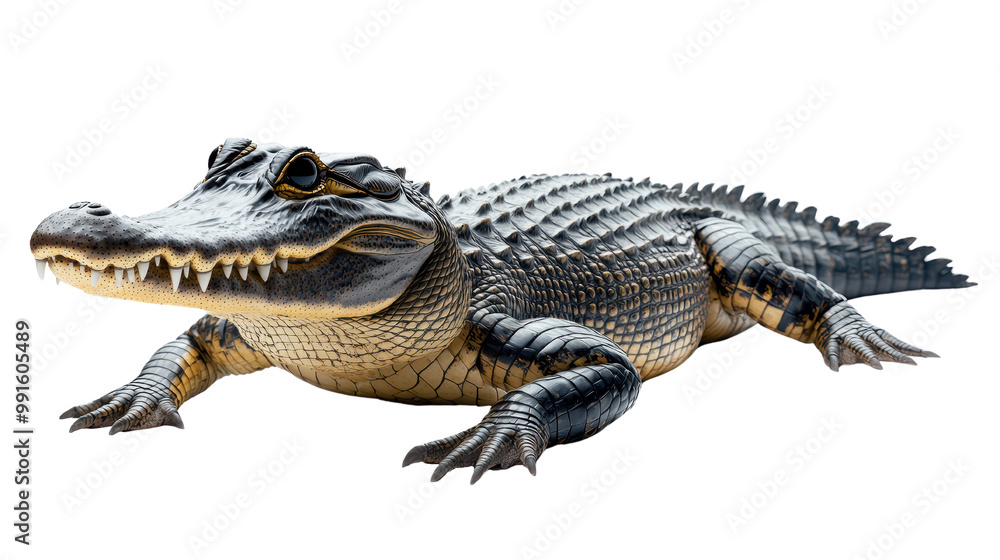 A realistic portrayal of a crocodilian, showcasing its textured skin, sharp teeth, and powerful body, lying in a relaxed position. A realistic portrayal of a crocodilian, showcasing its textured skin, sharp teeth, and powerful body, lying in a relaxed position.