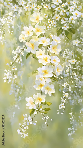 Fresh green yellow oil painting, white yellow flower pattern, texture, background