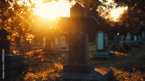 A cemetery with a cross on a tombstone