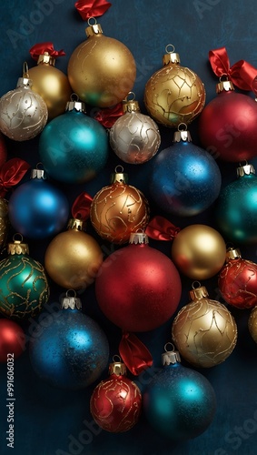 Colorful display of Christmas ornaments on a blue background.