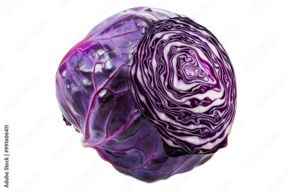 Close-up of a vibrant purple cabbage on a clean white background, ideal for use in recipes and food-related content Close-up of a vibrant purple cabbage on a clean white background, ideal for use in recipes and food-related content