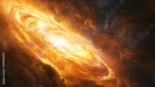 Star surrounded by swirling gases, representing the protostar phase, with light beginning to emerge from the nebula photo