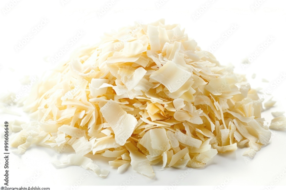 A pile of shredded cheese on a white surface, perfect for food and culinary uses A pile of shredded cheese on a white surface, perfect for food and culinary uses
