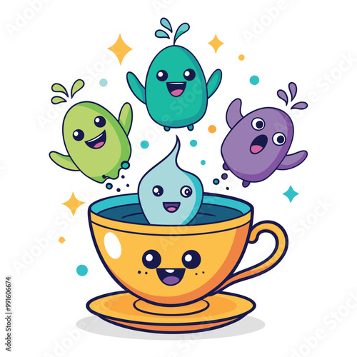 Playful spirits taking a steamy escape from a teacup Illustration on white background.