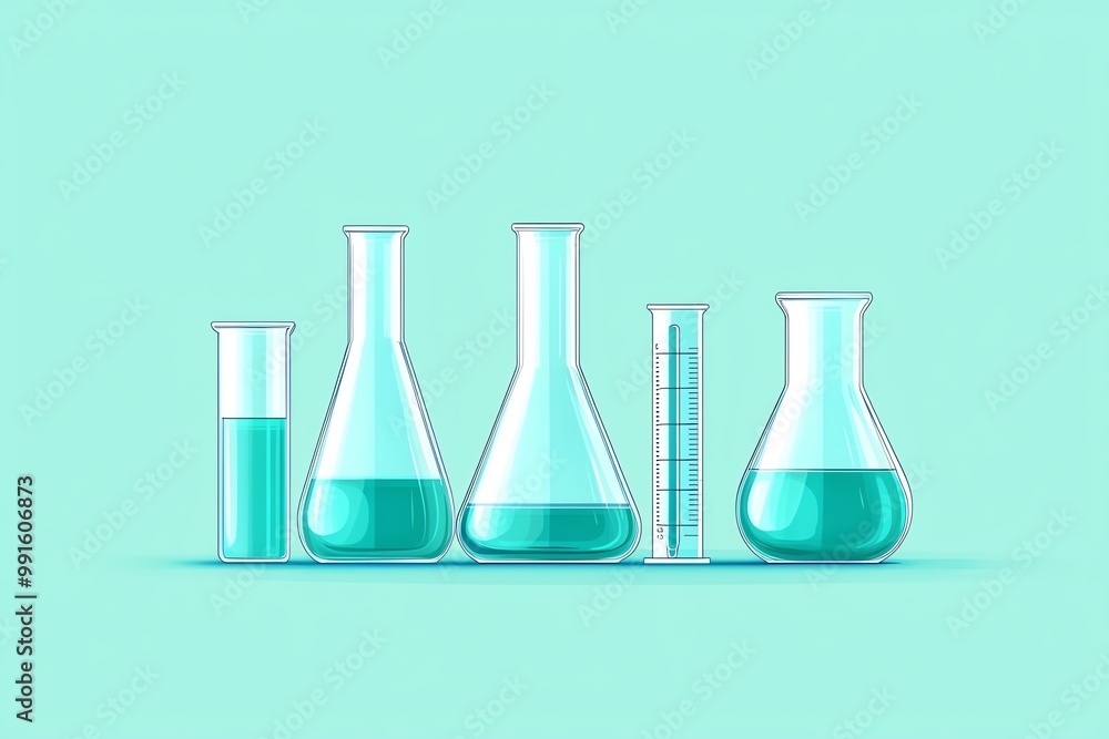 Assorted laboratory glassware with blue liquid on a mint green background. Assorted laboratory glassware with blue liquid on a mint green background.