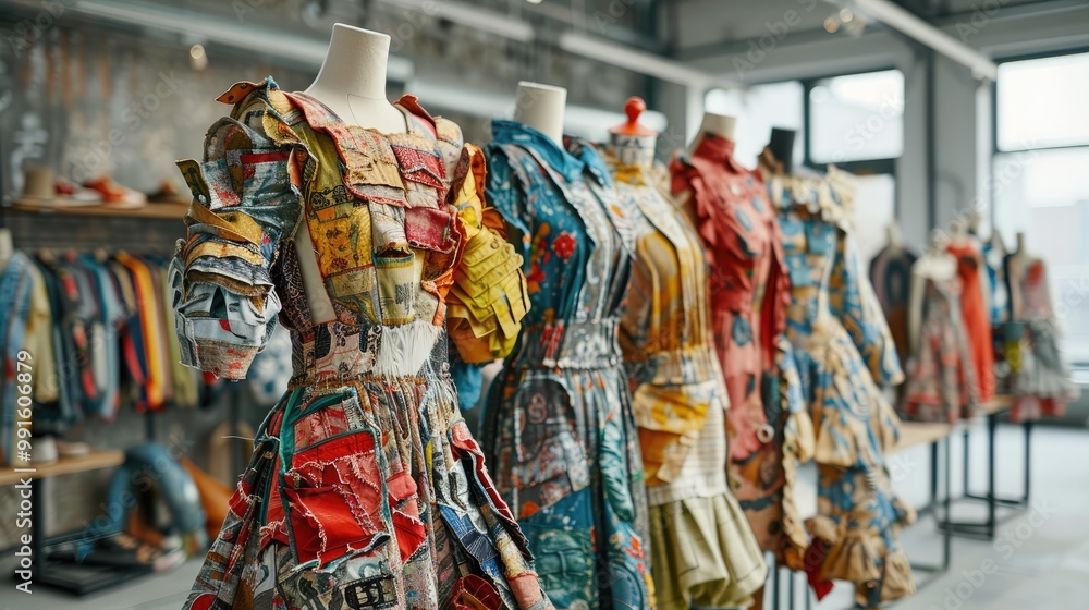 Obraz premium A row of mannequins dressed in colorful, patterned dresses, showcasing a vibrant and eclectic fashion collection.