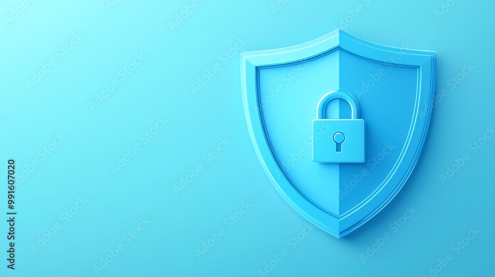 Blue shield with a lock symbol, isolated on a light blue background. Blue shield with a lock symbol, isolated on a light blue background.