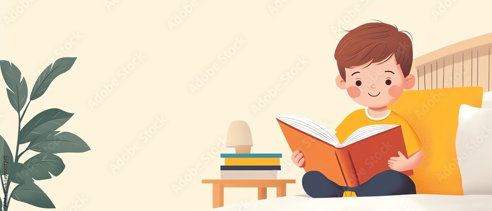 Child reading a book at home, cozy room, indoor plant, warm atmosphere. Child reading a book at home, cozy room, indoor plant, warm atmosphere.