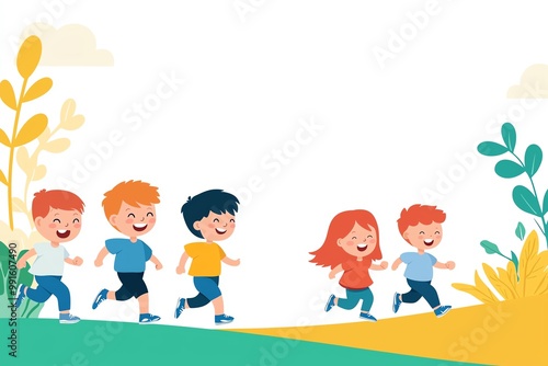 Children joyfully running together in a colorful, playful environment.