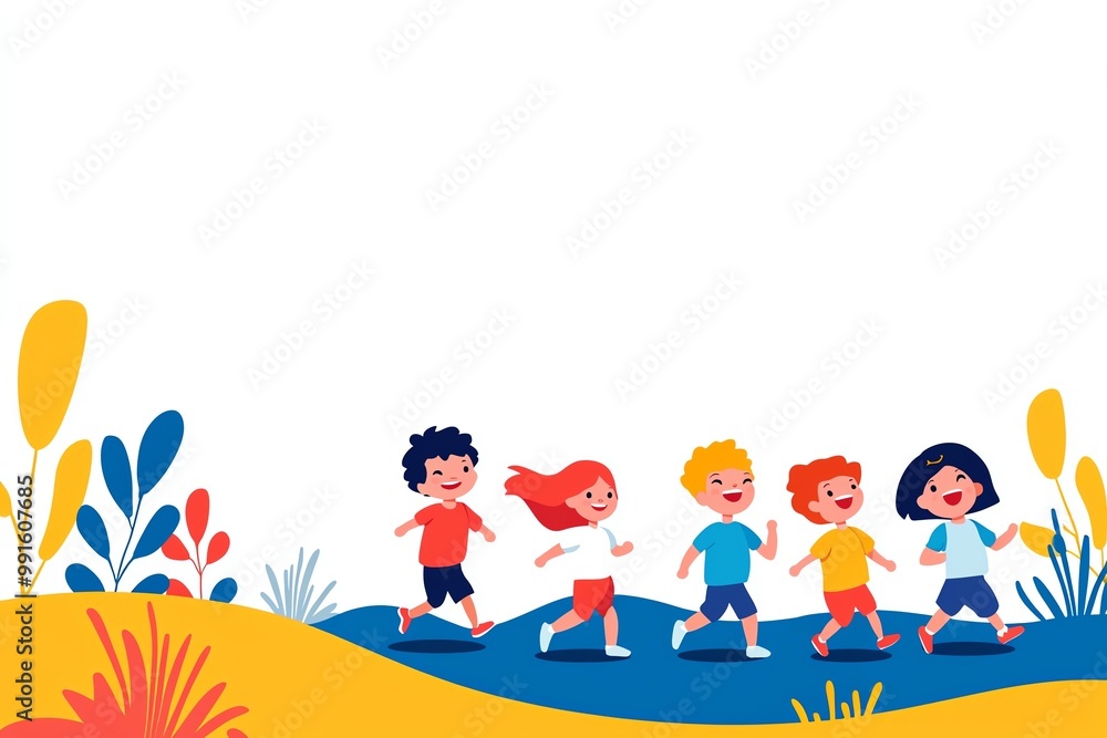 Children running joyfully in a colorful landscape, white isolated background. Children running joyfully in a colorful landscape, white isolated background.