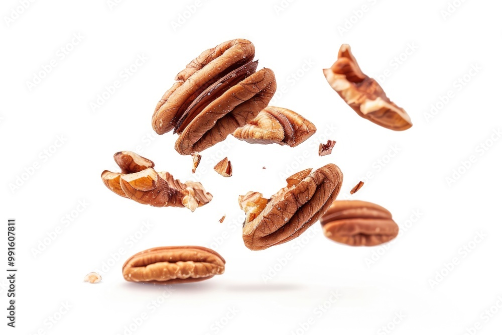 A group of pecans arranged neatly on a white background A group of pecans arranged neatly on a white background