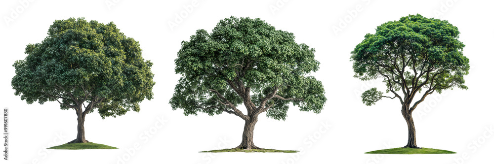 Obraz premium A trio of distinct trees showcasing varying shades of green foliage, representing different stages of growth or seasonal changes