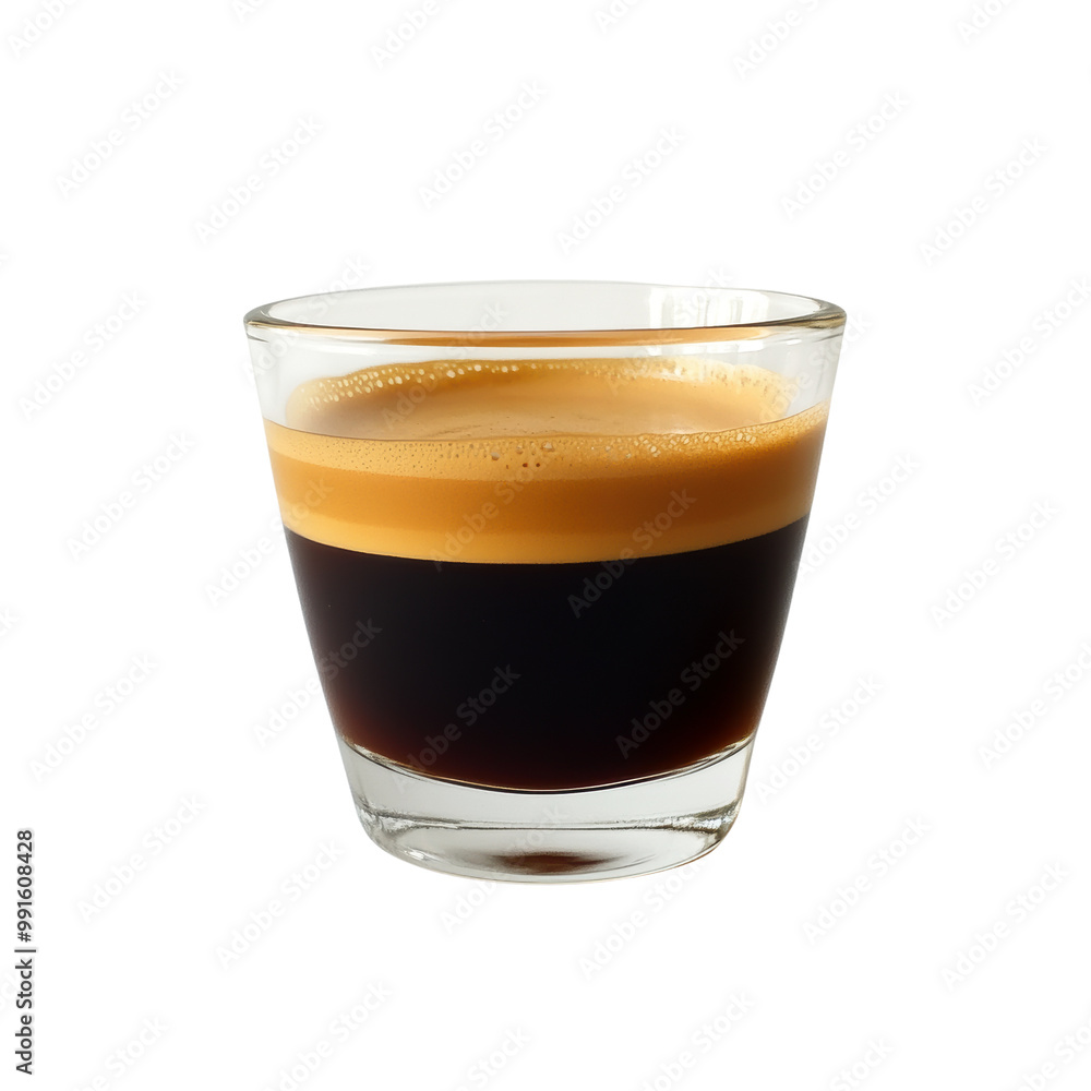 A beautifully layered cup of espresso, featuring rich black coffee topped with a creamy golden crema, presented in a clear glass for an elegant visual appeal A beautifully layered cup of espresso, featuring rich black coffee topped with a creamy golden crema, presented in a clear glass for an elegant visual appeal