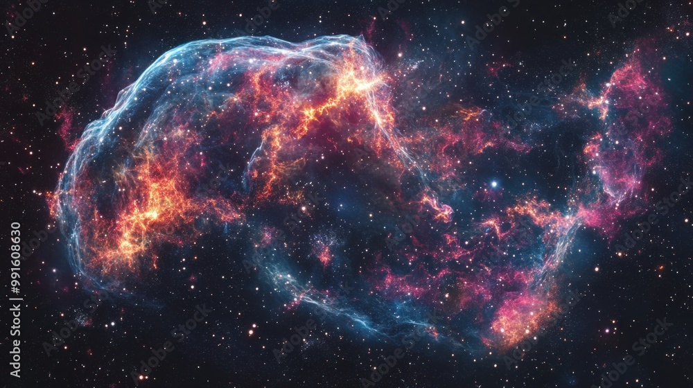 Supernova remnant with bright gas clouds and cosmic debris expanding outward from the star's explosion Supernova remnant with bright gas clouds and cosmic debris expanding outward from the star's explosion