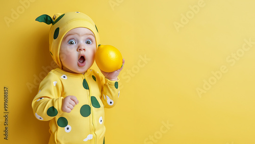 Witzige Werbung: Überraschtes Kleinkind in Zitronen-Kostüm vor gelbem Hintergrund. Kreatives Konzept verbindet Frucht und Kindheit. Frisch, humorvoll, auffällig photo