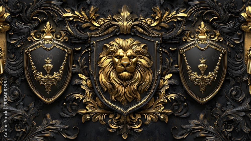 Golden lion head emblem on black background with ornate floral accents. Golden lion head emblem on black background with ornate floral accents.