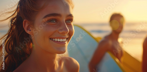 Wallpaper Mural Close-up of a smiling woman holding a surfboard on the beach with friends at sunset Torontodigital.ca