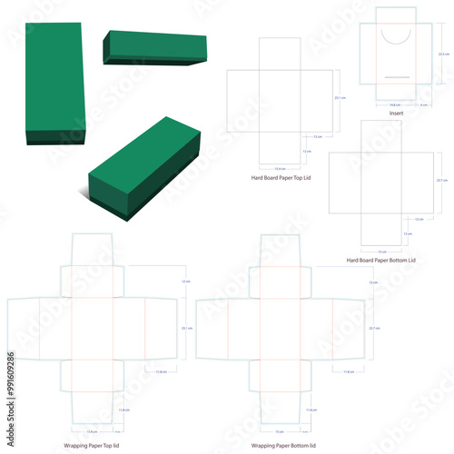 Two lid rigid box dieline template with 3D box