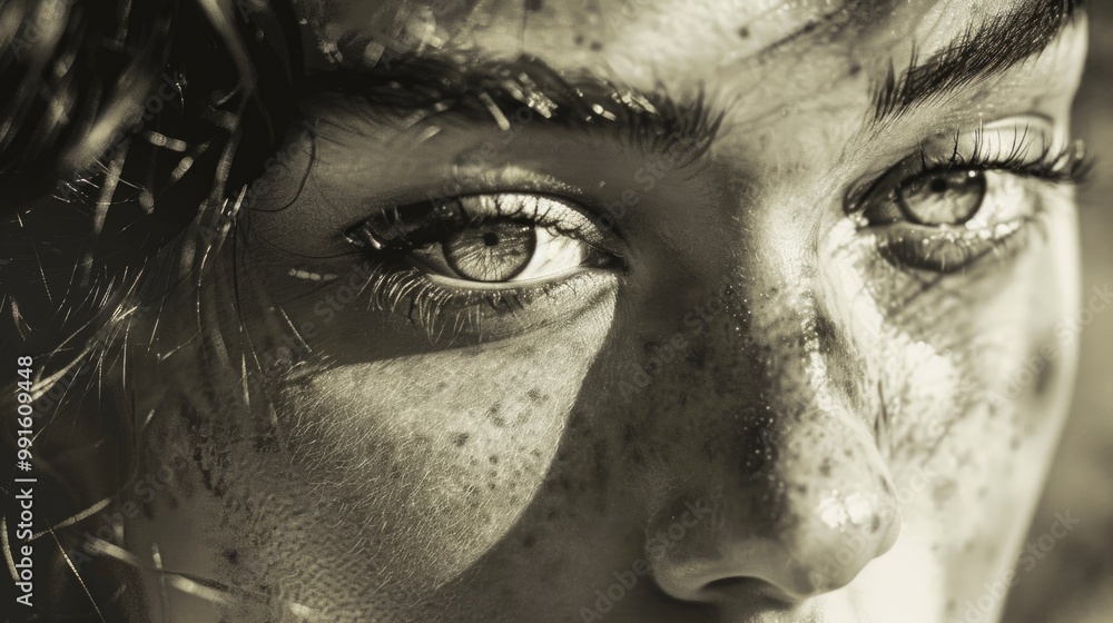 Obraz premium Portrait of a woman with distinctive freckles, great for beauty and lifestyle concepts