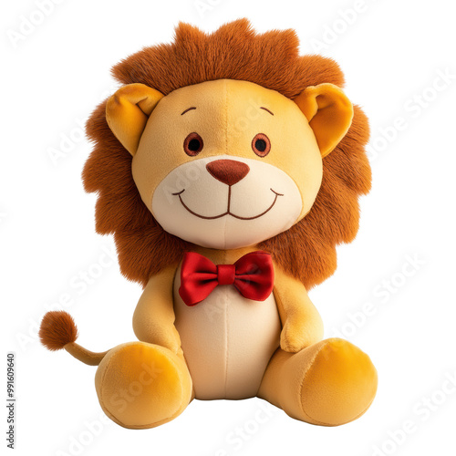 A cute plush lion toy with a friendly smile, dressed with a red bow tie, featuring a soft mane and rounded body, ideal for cuddling and playtime