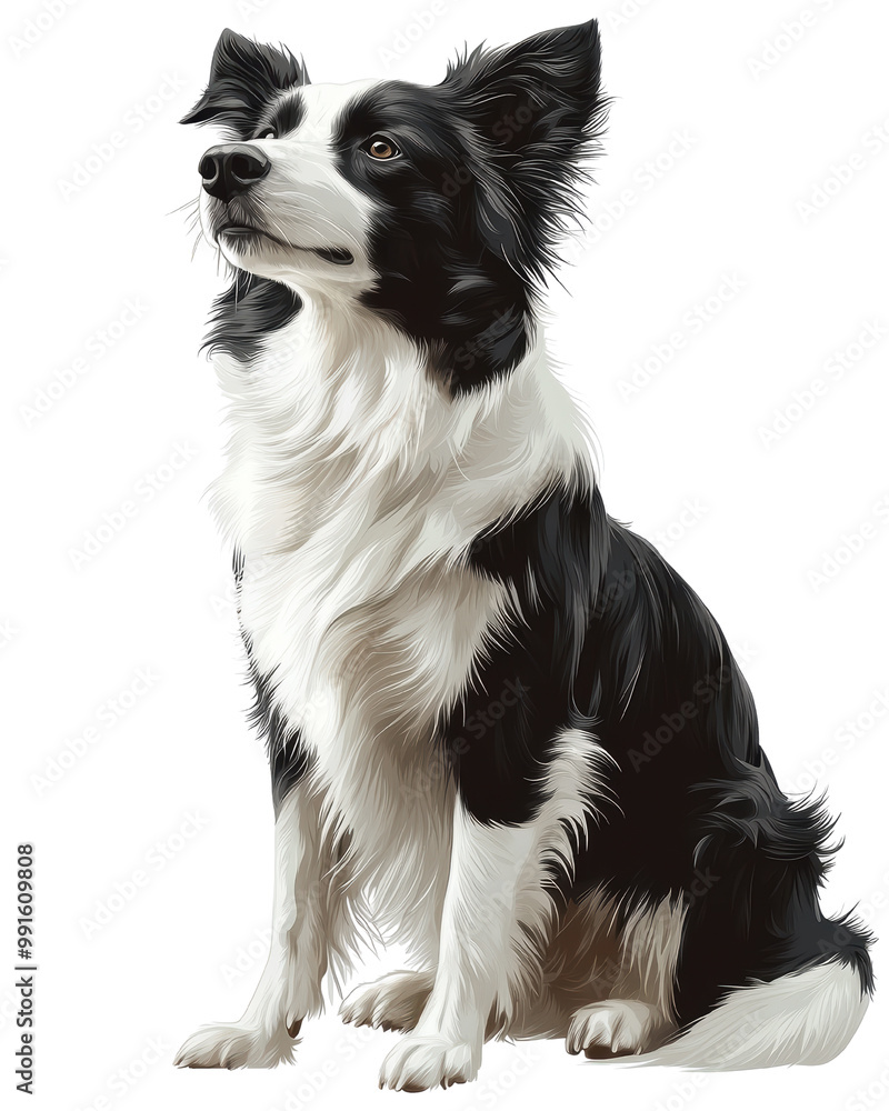 Fototapeta premium A detailed illustration of a black and white Border Collie sitting gracefully, showcasing its expressive features and fluffy fur