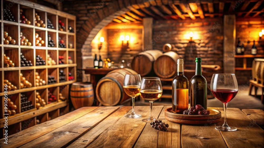 Rustic wooden table in wine cellar with various alcoholic drinks, cozy indoor setting, selective focus, copy space Rustic wooden table in wine cellar with various alcoholic drinks, cozy indoor setting, selective focus, copy space