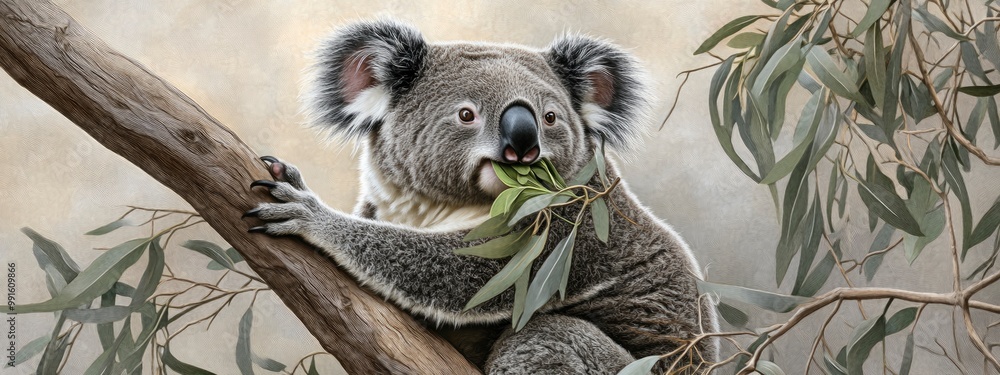 Fototapeta premium Koala chewing on eucalyptus leaves in a tree, relaxed posture, soft warm light filtering through the foliage