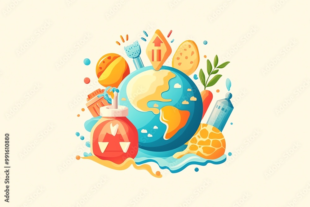 Naklejka premium Illustration of globe with clean and polluted elements, vibrant colors on soft background.