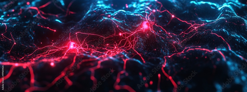 Obraz premium Quantum computing interface displaying entangled particles, soft red and blue glow from the screen