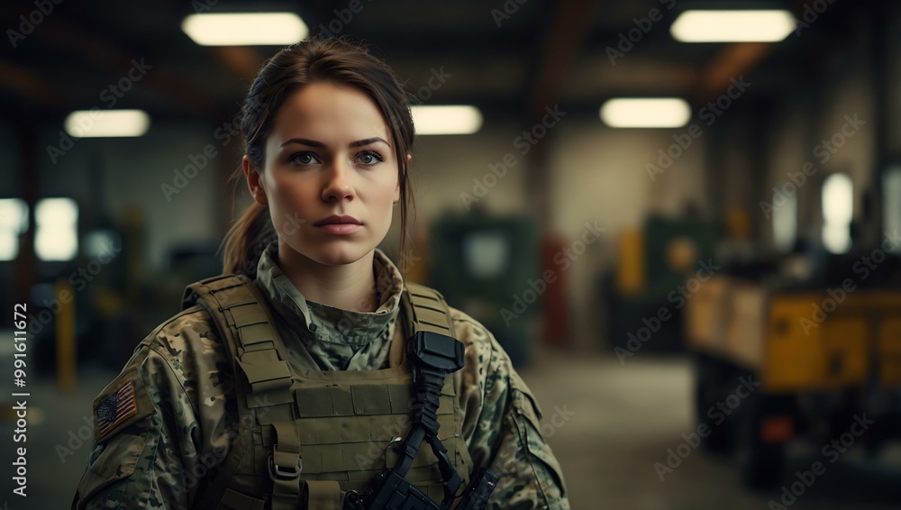 Confident female soldier in an industrial setting. Confident female soldier in an industrial setting.